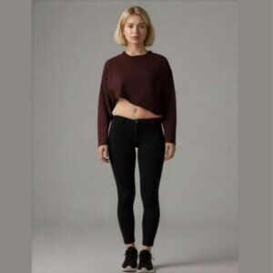 AllSaints Burgundy Cropped Asymmetrical Raw Hem Sweater